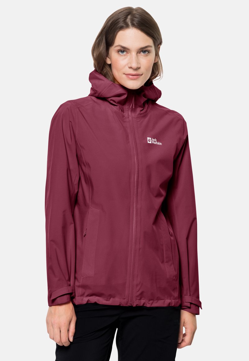 Maroon waterproof jacket with a hood; features a front zipper and two side pockets. Logo on the upper left side. Smooth texture.