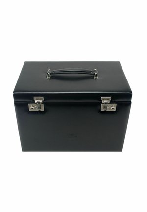 Schwarze Lederbox mit rechteckiger Form, Metallbeschläge, sicherem Verschluss und einem oberen Griff zum Tragen. Glatte Textur mit minimaler Detailverarbeitung.