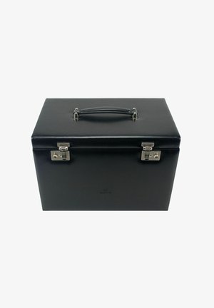 Schwarze Lederbox mit rechteckiger Form, Metallbeschläge, sicherem Verschluss und einem oberen Griff zum Tragen. Glatte Textur mit minimaler Detailverarbeitung.