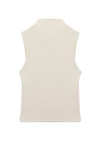 Sleeveless cream-colored top with a high neckline, featuring a smooth cotton texture and clean edges, providing a minimalist design.