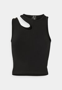 Top senza maniche nero con un design aderente, caratterizzato da un dettagliato taglio unico vicino al collo e un tessuto liscio e elastico.