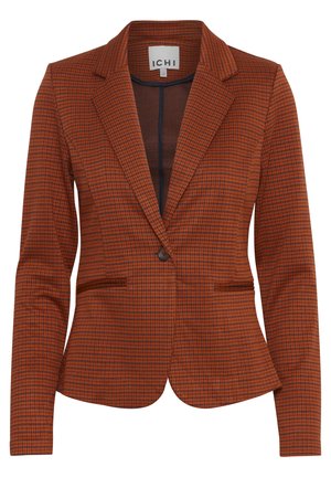 Structured blazer in orange and navy check pattern, featuring a single button closure and two front pockets. Smooth fabric with a tailored fit.