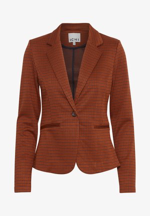 Gestructureerde blazer in een oranje en marineblauw checkpatroon, met een enkele knoopsluiting en twee voorzakken. Gladde stof met een getailleerde pasvorm.