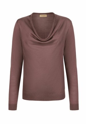 Sweter w kolorze szaroróżowym z długim rękawem, z luźnym kołnierzem typu komin oraz ściągaczami na mankietach i u dołu, wykonany z lekkiej dzianiny.