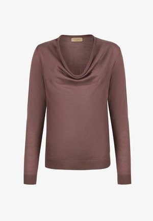 Sweter w kolorze szaroróżowym z długim rękawem, z luźnym kołnierzem typu komin oraz ściągaczami na mankietach i u dołu, wykonany z lekkiej dzianiny.