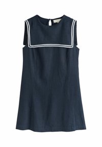 Robe sans manches bleu marine avec col marin et bordure blanche, coupe trapèze, fermeture par boutons dans le dos.
