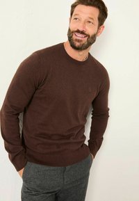 Brown knit sweater with a round neckline, ribbed cuffs, and hem. Worn with gray textured pants. Features a small logo on the chest.