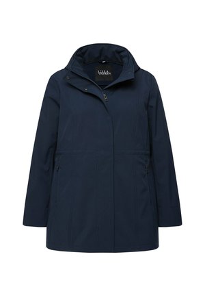 Giubbotto impermeabile navy con colletto alto, chiusura a cerniera, due tasche laterali e cappuccio. Presenta una superficie liscia e un design a taglio dritto.