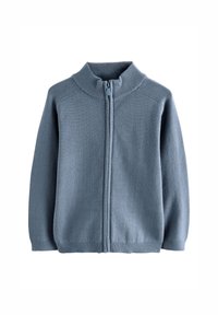 Lyseblå cardigan med lynlås, strikket stof, ribbet krave og manchetter, har et åbent design, lange ærmer og blød tekstur.