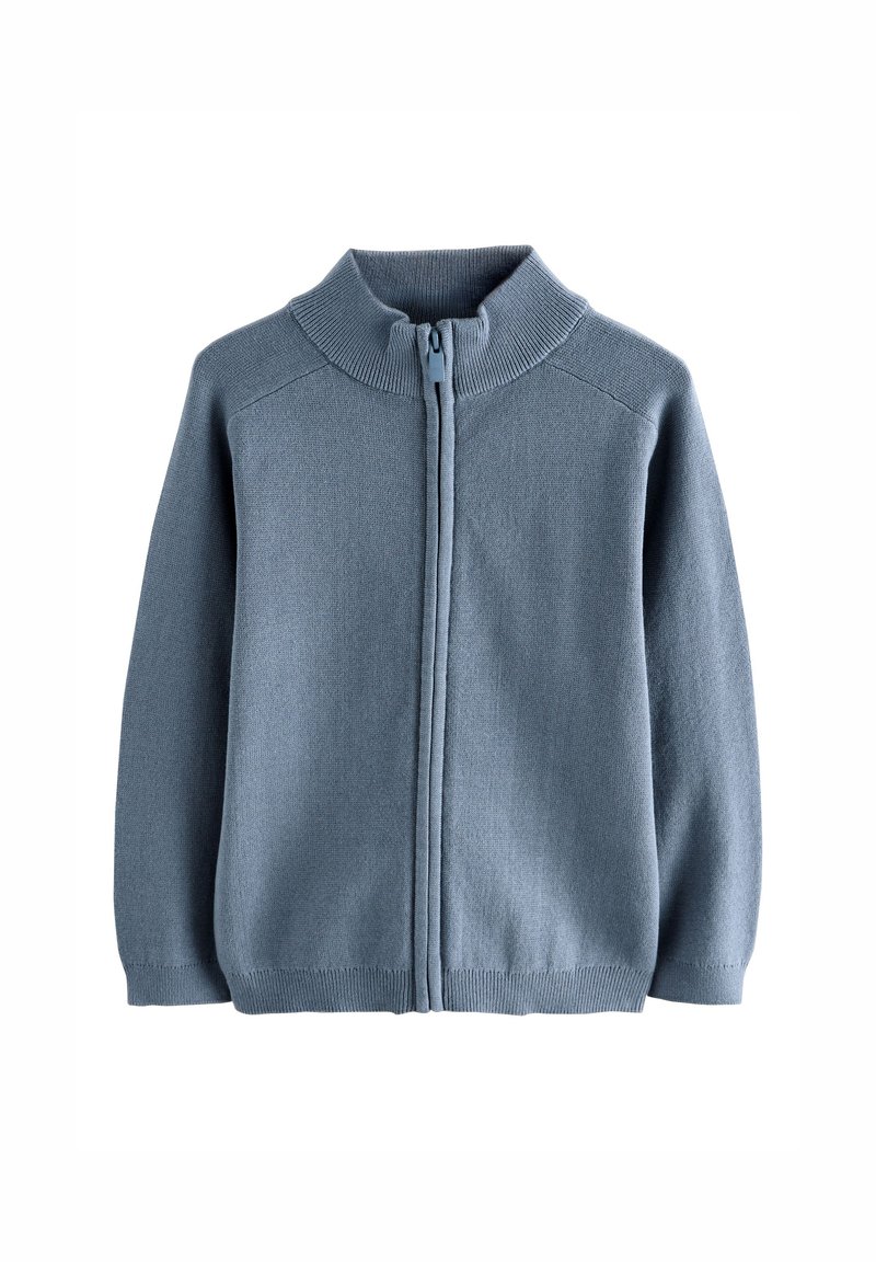 Lyseblå cardigan med lynlås, strikket stof, ribbet krave og manchetter, har et åbent design, lange ærmer og blød tekstur.