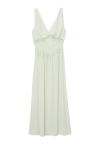 Light green, sleeveless dress with a V-neckline and lace detailing at the waist, flowing skirt, smooth fabric, and ankle-length design.