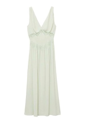 Light green, sleeveless dress with a V-neckline and lace detailing at the waist, flowing skirt, smooth fabric, and ankle-length design.
