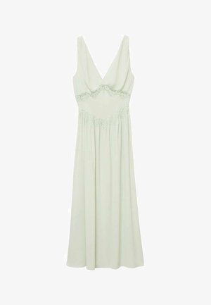 Svetlo zelena brezrokavna obleka z V-izrezom in čipkastim detajlom v pasu, z ohlapno krilo, gladkim materialom in dolžino do gležnjev.