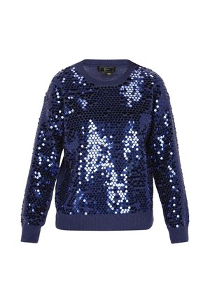 Sötétkék pulóver, amelyet flitterek borítanak, kerek nyakkivágással, hosszú ujjakkal és bordás mandzsettával és aljjal, amely texturált és fényvisszaverő felülettel rendelkezik.