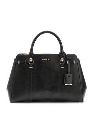 Sac à main Guess en cuir texturé noir avec doubles anses, garnitures dorées et étiquette de marque suspendue.