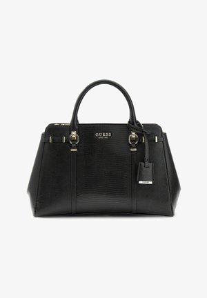 Sac à main Guess en cuir texturé noir avec doubles anses, garnitures dorées et étiquette de marque suspendue.