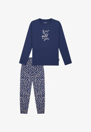 Navy long-sleeve top with white script text paired with leopard print pajama pants in navy and cream colors. Soft cotton fabric.