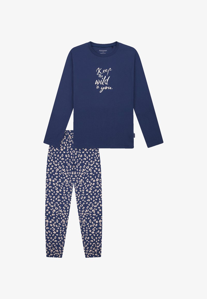 Námornícké tričko s dlouhým rukávem a bílým nápisem, spárované s pyžamovými kalhotami s leopardím vzorem v námornické a krémové barvě. Měkká bavlněná tkanina.