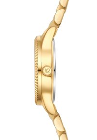 Goldfarbener Uhr mit einem polierten Edelstahlgehäuse, gewellter Lünette und einem Gliederarmband. Verfügt über ein Logo an der Seite und ein silberfarbenes Ziffernblatt.