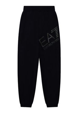 Pantalon jogger noir avec taille et poignets élastiques, poches latérales et logo brillant "EA7 Emporio Armani" sur la cuisse droite.