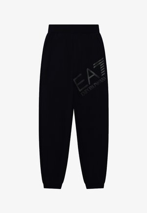 Pantalon jogger noir avec taille et poignets élastiques, poches latérales et logo brillant "EA7 Emporio Armani" sur la cuisse droite.