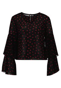 Blouse noire à col en V, ornée de motifs de cœurs rouges. Manches longues évasées qui ajoutent du volume et une texture transparente au tissu léger.