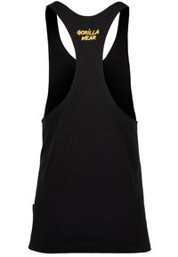 Zwarte tanktop met brede armsgaten en een racerback ontwerp. Bevat gele geborduurde tekst "GORILLA WEAR" op de bovenrug. Zacht materiaal.