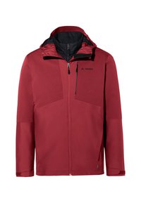 Veste imperméable rouge avec doublure intérieure noire, fermeture éclair sur le devant, capuche ajustable et deux poches avant. Présente une texture lisse et un branding minimal.