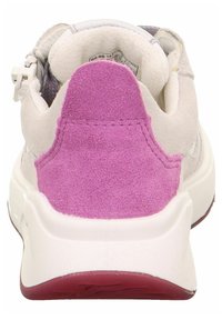 Rear view of a shoe featuring a pink suede heel, white textured upper, and a solid white rubber sole with red accents.