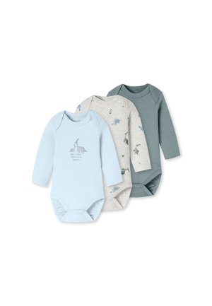 Set van drie babyrompers met lange mouwen in lichtblauw met dinosaurus tekst, crème met dinosaurus prints en effen groen, weergegeven op een witte achtergrond.