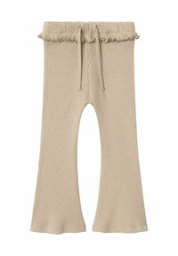 Pantaloni a zampa d'elefante beige a coste con una finitura testurizzata, caratterizzati da una vita arricciata e un cordoncino regolabile. Orli lisci completano il design.