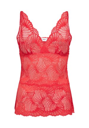 Camisole en dentelle rouge avec un motif en forme de coquille complexe. Design en V et bretelles réglables. Texture douce et légère avec une coupe ajustée.