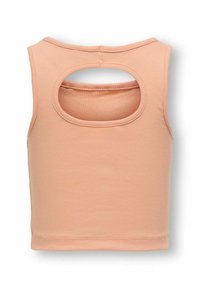 Débardeur côtelé coloré pêche avec une découpe ronde au dos, terminé par une coupe ajustée et une couture qui se situe juste au-dessus de la taille.