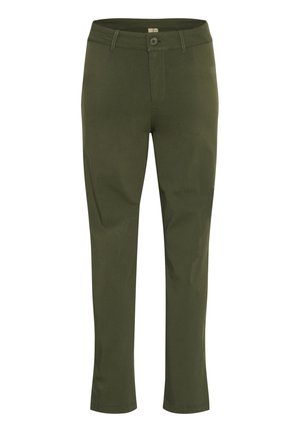 Pantaloni verde oliva realizzati in misto cotone, con design aderente, vita standard, chiusura anteriore con bottone e gamba dritta.