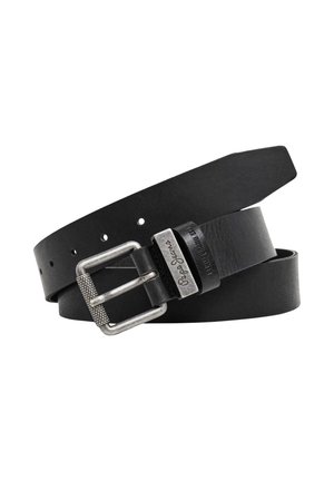 Cintura in pelle nera con una fibbia in metallo argentato testurizzato e numerosi fori per la regolazione della misura. Design pulito con bordi dritti.