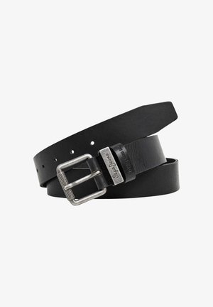 Schwarzer Leder-Gürtel mit einer strukturierten silbernen Metallschnalle und mehreren Einstichlöchern zur Größenanpassung. Sauberes Design mit geraden Kanten.