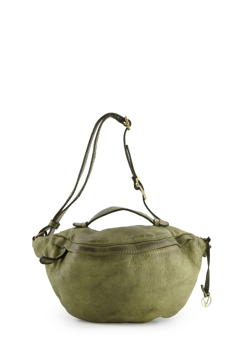 Groene leren tas met een afgeronde vorm, bovenhandvat en verstelbare schouderband. Heeft stiksel details en een ritsluiting.