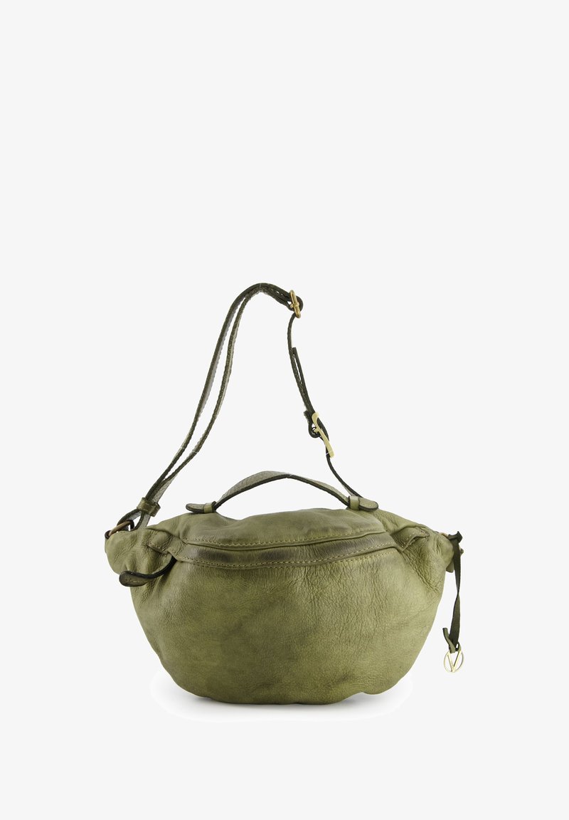 Groene leren tas met een afgeronde vorm, bovenhandvat en verstelbare schouderband. Heeft stiksel details en een ritsluiting.