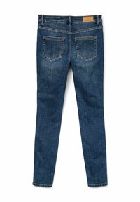 Jeans skinny de mezclilla en azul oscuro con una textura suave, diseño de cinco bolsillos y un parche de cuero en la cintura en la parte trasera.