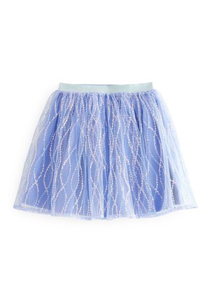 Jupe en tulle bleu clair avec des motifs ondulés en sequins pailletés et une ceinture élastique bleue brillante, étalée sur un fond blanc.