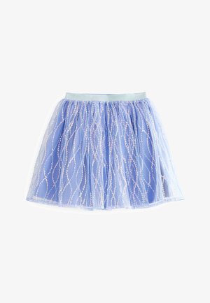 Jupe en tulle bleu clair avec des motifs ondulés en sequins pailletés et une ceinture élastique bleue brillante, étalée sur un fond blanc.