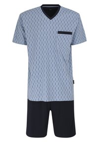 Conjunto de pijama de rayas azules y blancas de manga corta con escote en V, detalle de bolsillo y pantalones lisos en azul marino. Fabricado con un tejido suave y transpirable.