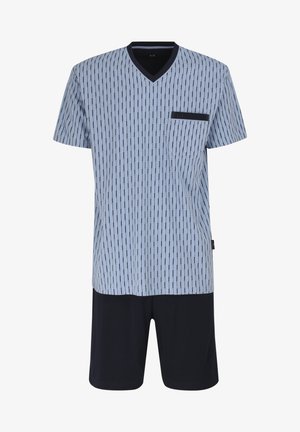 Blau-weiße gestreifte kurzärmelige Schlafanzug-Set mit V-Ausschnitt, Taschendetail und einfarbigen marineblauen Hosen. Hergestellt aus weichem, atmungsaktivem Stoff.