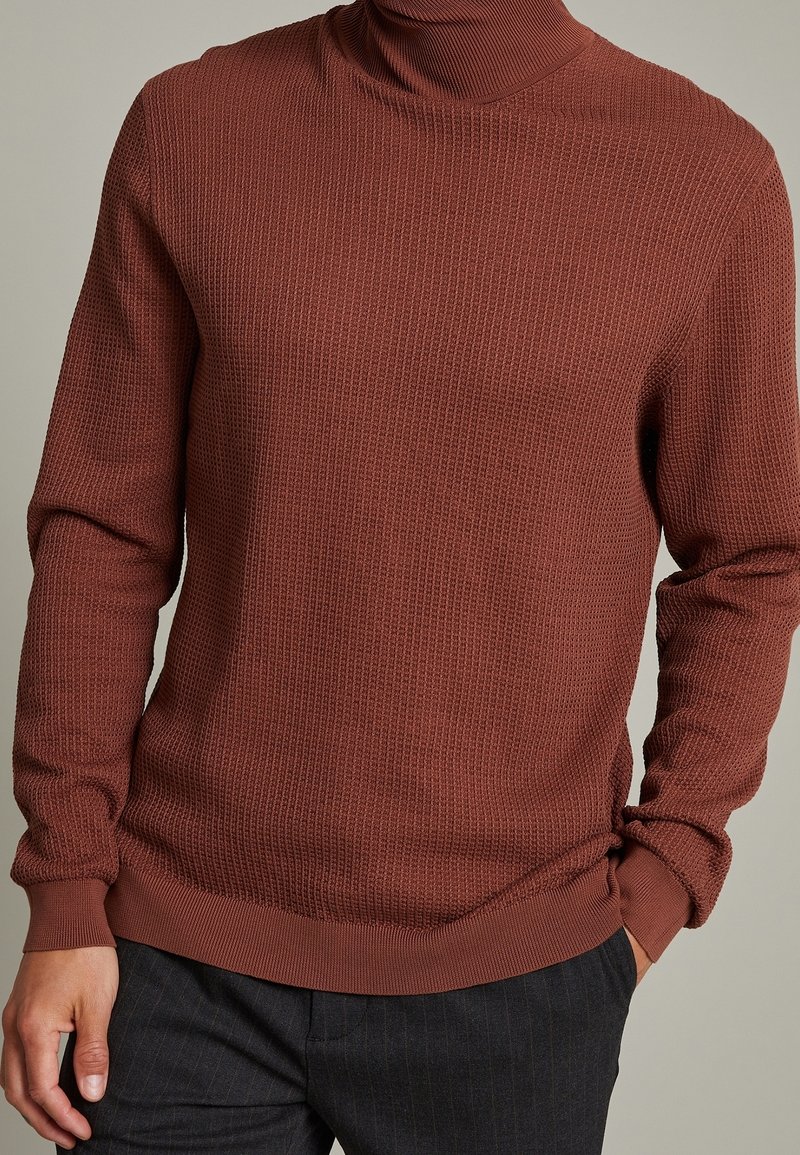 Pull à col roulé marron côtelé avec manches longues et coupe ajustée. Tissu texturé et couleur unie avec poignets et ourlet côtelés.