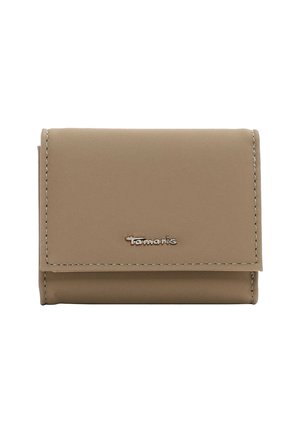 Beige synthetic wallet with a smooth texture, featuring a stitched border and a silver-tone logo on the front. Compact, tri-fold design.