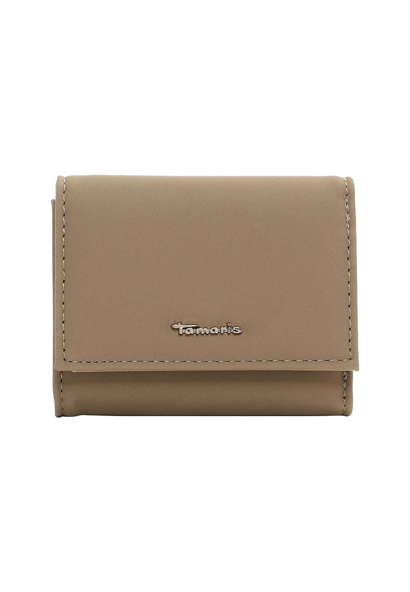 Beige synthetic wallet with a smooth texture, featuring a stitched border and a silver-tone logo on the front. Compact, tri-fold design.