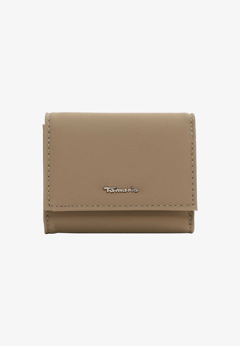 Beige synthetic wallet with a smooth texture, featuring a stitched border and a silver-tone logo on the front. Compact, tri-fold design.
