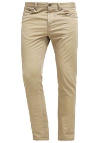 Pantalons pour hommes beige slim-fit avec bouton et fermeture éclair à l'avant, passants de ceinture et design à cinq poches.