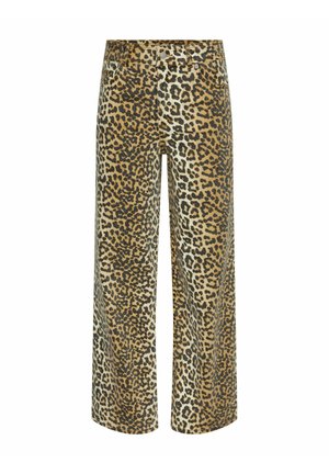 Kalhoty s leopardím vzorem a širokými nohavicemi vyrobené z měkké tkaniny; mají vysoký pas, přední kapsy a uvolněný střih.