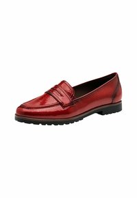 Red patent leather loafers with a rounded toe, decorative stitching, dual top straps, and a textured finish on a durable black sole.